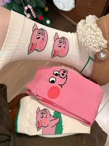 3双可爱卡通小猪图案中筒袜，秋冬季，个性趣味风格，休闲百搭，舒适面料，卡通人物袜子，创意袜子，时尚达人，袜子爱好者的理想之选 - 彩色 - 查看 6