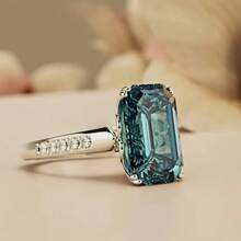 优雅奢华浪漫公主订婚戒指，镶嵌耀眼粉色方形合成方晶锆石，时尚女士订婚戒指，适合日常、派对、节日礼物 - 藏蓝色 - 查看 9