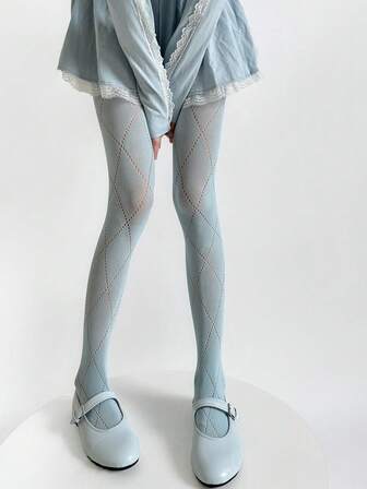 1 par de medias con patrón de rombos huecos, pantimedias elásticas y versátiles para otoño