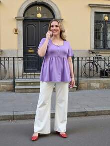 方领纯色前开襟宽松大码休闲上衣，适合春夏穿着 - 紫丁香色 - 查看 3