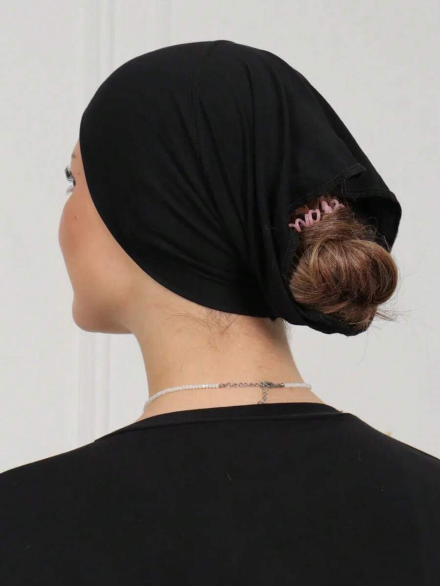 1 Stück Damen Einfarbiger Viskose Halstuch, elastische seidige Baumwoll-Innenmütze, dickes & weiches Material, geeignet für tägliches Kopftuch Tragen - Schwarz - Übersicht 1
