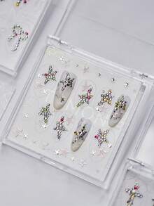 1pc New Luxury Nail Art Rhinestone Jewelry, Embedded Rhinestones, Curved Edges, Full Rhinestone, Star Cross Shape, Nail Decor, DIY Nail Nails - Multicolor - View 6