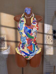 2025 Women's New Vacation Plant Print Patchwork Flounce Halter One-Piece Swimsuit - Black - View 1