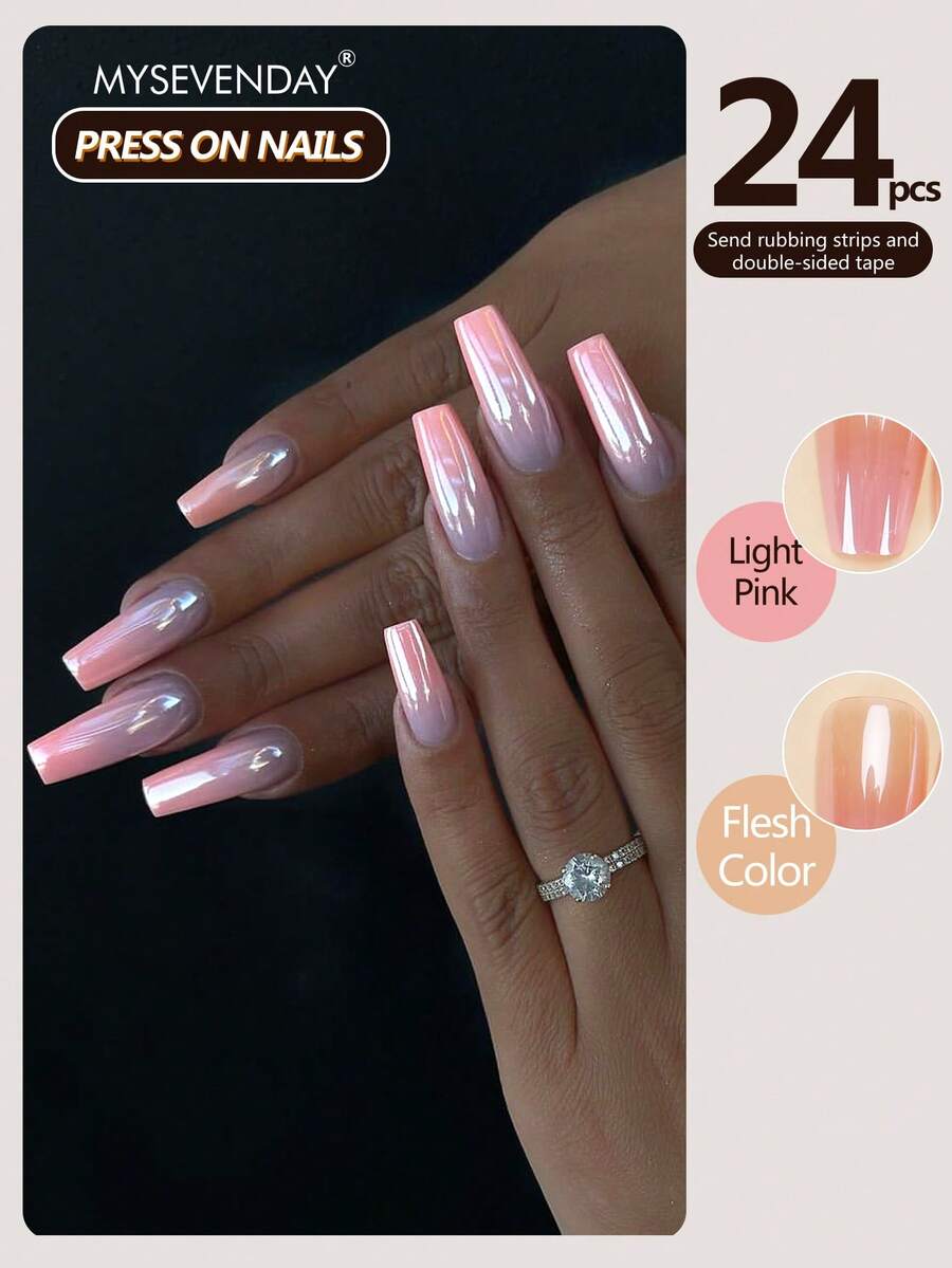 24pcs Nail Stickers, Long Trapezoid/Electroplated Peach Gradient Nail Art, Enhance Elegance/Comes With Jelly Gel And Stickers, Suitable For Collage, Reusable, Everyday Wear Nails - Multicolor - View 1