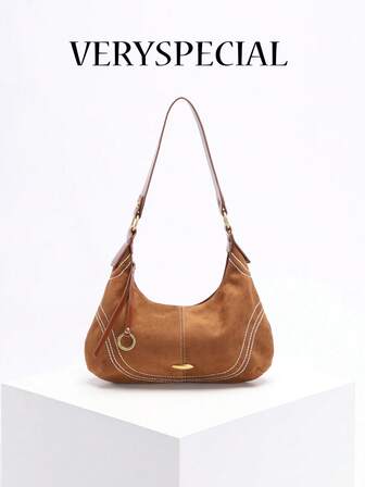 1pc Autumn/Winter New Merlot Color Bag, Fashionable Brushed Texture Soft Suede Crescent Moon Bag With Embroidered Thread Accent And Oval Metal Decor, Minimalist Style Women's Shoulder Bag, Suitable For Wearing With Coats And Jackets For Work, Commuting, And Outdoor Activities