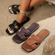 Women's Fashion 2026 Summer Bohemian Style Flat Square Toe Criss-Cross Black Slip-On Casual Sandals, Suitable For Beach, Vacation, Home, Daily Wear, Ramadan Essential - Black - View 2