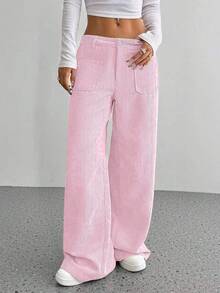 Autumn And Winter Casual Women's Front And Back Pocket Loose Solid Color Wide Leg Pants - 粉紅色 - 查看 2