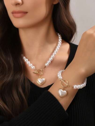 Zestaw 2 szt./zestaw: modna bransoletka z koralikami w kształcie serca i sztucznych pereł oraz naszyjnik z zapięciem OT dla kobiet, elegancki i idealny na randki, bankiety, imprezy, wesela i nie tylko