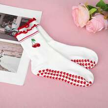 Pilates Grip Socks For Women, Breathable Cotton Cherry Embroidery Non Slip Yoga Socks With Cute Ruffle Design For Barre Ballet Workout Dance - As Pic - View 3