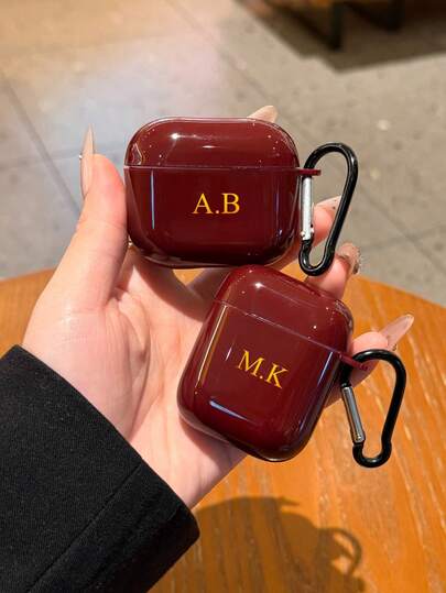 Customized (2-Piece Set, Including Hook) Glossy Burgundy Earphone Case, Minimalist Frosted Macaron Solid Color Bluetooth Earphone Protective Case, Matte Beige Color, Fashion Versatile, Comes With 1pc Earphone Hook, Customized Letter Name, Suitable For Back To School, Valentine's Day Gift, Good Birthday Gift, Holiday Gift, Gift For Him/Her, Personalized Gift, Etsy/ Customized Product, Customized Gift For Spouse, Anniversary Gift, Wedding Gift, Personalized Gift For Parents