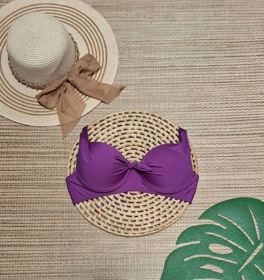 Underwire Bra With Underwire, Plus Size Swimwear, Plus Size Bikini Top With Knot Detail. - 紫色 - 查看 1