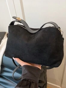1个黑色绒面革面料顺滑拉链金属锁扣时尚百搭休闲纯色新款秋冬独特手提包，适合女士日常使用 - 黑色 - 查看 5