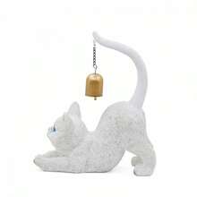 Stretching Cat Figurine, Resin Cat Figurine With Bell On Tail, Stretching Animal Desk Ornament, Decorative Figurines For Garden - White - View 6