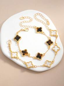 2pcs/Set Fashionable Classic Leopard Print & White Clover Design Bracelet Set