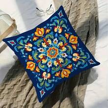 1 pièce Housse de coussin d'art islamique, fond bleu vibrant, impression recto-verso, polyester lavable en machine, fermeture à glissière, convient pour la décoration de canapé dans les salons et les chambres à coucher, décoration d'intérieur | Art islamique traditionnel | Taie d'oreiller à fermeture éclair, taie d'oreiller décorative (sans l'oreiller) - Multicolore - Voir 2