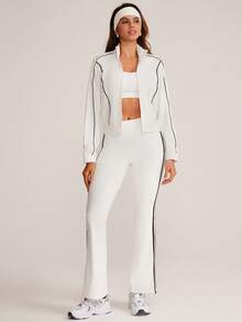 VUTRU Stand Collar Casual Loose Sporty Jacket, Contrast Color Activewear Top For Running & Fitness - White - View 4