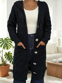 New Fashion Women's Hooded Twisted Knitted Mid-Long Solid Color Button Hooded Cardigan - Black - View 6