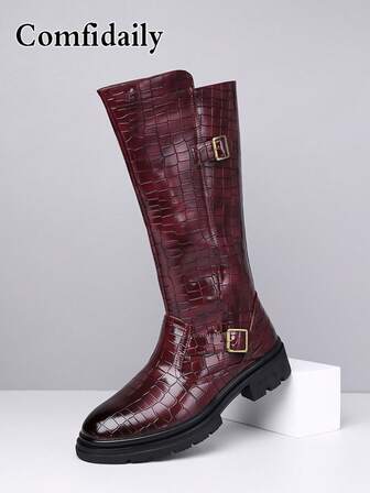 新款男士冬季靴，时尚搭扣格纹纯色休闲长靴，户外摩托车靴