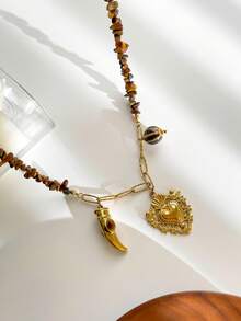 Monlansher Nouveau collier pour femme avec pendentifs multiples en perles de pierre, orné de cœurs, de lunes et d'hexagones. Un bijou polyvalent à porter au quotidien. - Doré - Voir 8