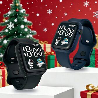 Set de 2 relojes electrónicos unisex con esfera cuadrada, patrón de astronauta y nave espacial, LED intermitente, adecuado para la escuela, cumpleaños, vacaciones, regalo de Navidad, moda y uso casual, con pilas