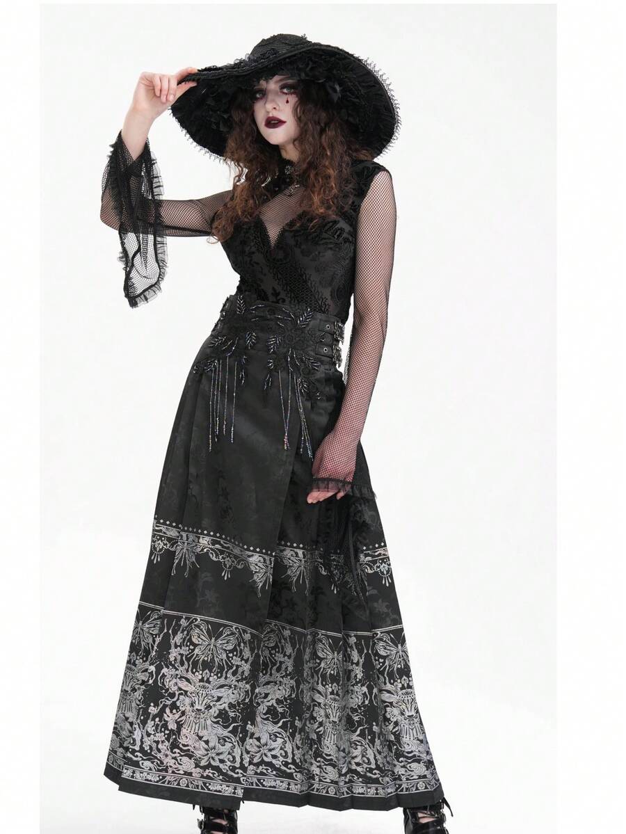 Devil fashion Chân váy đuôi cá đính cườm hoa văn phong cách Gothic, lấp lánh, phù hợp với váy dài và trang phục chân váy theo phong cách Gothic. - màu đen - Xem 1