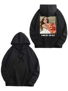 Autumn/Winter Personalized Text & Photo Fleece Lined Hooded Women's Black Sweatshirt, Birthday Gift Fall - Black - View 3