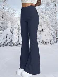 Women's High Waist Flare Pants, Thick Warm Leggings For Winter Fitness, Soft Yoga Pants - Navy Blue - View 5