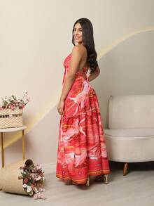 Summer Dress, Printed In Various Colors, Viscose Linen, Long, Open Back, Thin Straps, V-Neck. - Coral Orange - View 3
