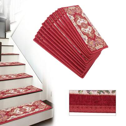 LOYALHEARTDY Set Of 13 Non-Slip Washable Stair Treads Carpet With Skid Resistant Silicone Backing Indoor Wooden Step Mats Self-Adhesive Stair Protectors Red