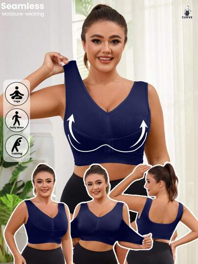 1 st sömlös trålös framstängning justerbar stödjande yoga-sömn-bh, bekväm pullover-sport-bh för kvinnor i plusstorlek