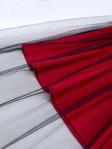 Plus Size Blue Midi Dress For Women With V Neck Long Flare Sleeves Contrast Lace Mesh For Party, Valentine's Day Wedding Spring - Red - View 9