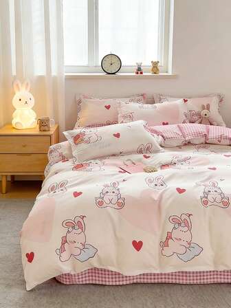 4pcs/Set Floral Print Pastoral Style Bedding Set, 1pc Duvet Cover + 1pc Fitted Sheet + 2pcs Pillowcase, Multi-Size (Pillowcase Print Random)