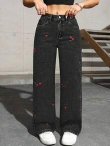 Elegant Cherry Embroidery Fashion Delicate Pocket Button Solid Color Pants, A Slightly Small Size Suitable For Spring, Summer, Autumn And Winter Daily Casual Outings, Commuting Black - Black - View 10