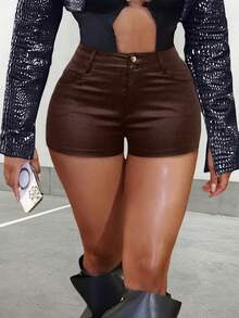 High Waist Elastic Button Front Slant Pocket PU Leather Bodycon Mini Shorts Brown Summer - Brown - View 2
