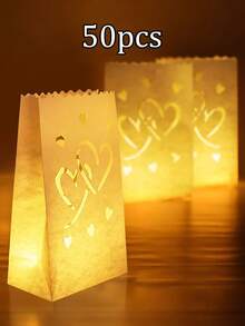 10个装 Homemory 情人节白色灯袋，饰有心形图案，升级防潮蜡烛袋，适用于婚礼、万圣节、感恩节、圣诞节和派对茶蜡。 - 白色愛心 - 查看 11