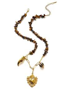 Monlansher Nouveau collier pour femme avec pendentifs multiples en perles de pierre, orné de cœurs, de lunes et d'hexagones. Un bijou polyvalent à porter au quotidien. - Doré - Voir 13