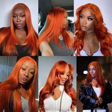 34 Inch 13x4 HD 350# Ginger Orange Bob Straight Lace Front Wig Brazilian Human Blended Hair 200% Density Lace Frontal Wigs Pre Plucked With Baby Hair Human Blended Hair Ginger Orange Colored Wigs For Women - S350 - View 11