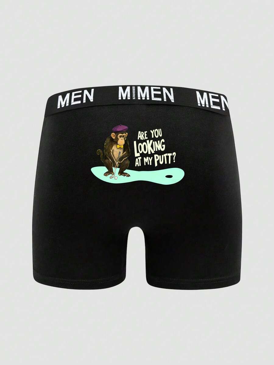 Valentine's Day Men's Black Simple Fashion Everyday Briefs, Sexy Cartoon Monkey & Letter Print Pattern Elastic Waistband Holiday Underwear - Black - View 1