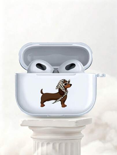 Leopard Print Headscarf Sausage Dog Earphone Case, Transparent TPU, Suitable For Airprods 3/4/Pro/Pro2/Pro3, Perfect Gift For Boyfriend/Girlfriend The Painting Style Is Playful And Energetic