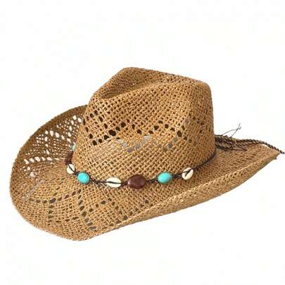 Women Straw Cowgirl Hat Western Bead Belted Sun Holiday Beach Hiking Cap