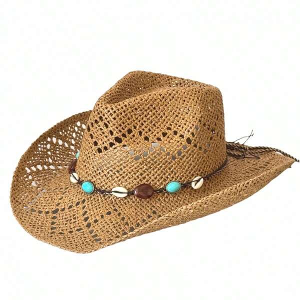 Women Straw Cowgirl Hat Western Bead Belted Sun Holiday Beach Hiking Cap