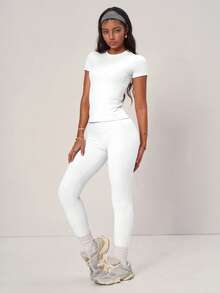 PinkTip 白色基础款上衣和短裤套装，高腰宽松版型，夏季休闲和运动必备单品 - 白色 - 查看 4