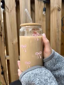 1 Set Bow Tie Iced Coffee Matcha Glass Drinking Cup, (Includes Bamboo Lid And Straw), High-Temperature Baked Printing, Cold Drink Juice Straw Cup, Hot Drink Straw Cup, Outdoor Travel Portable Large Capacity Water Cup, Exquisite And Cute Milk Tea Cup, High-Quality Juice/Coffee Cup, Suitable For Summer/Autumn/Winter - Best Gift Choice