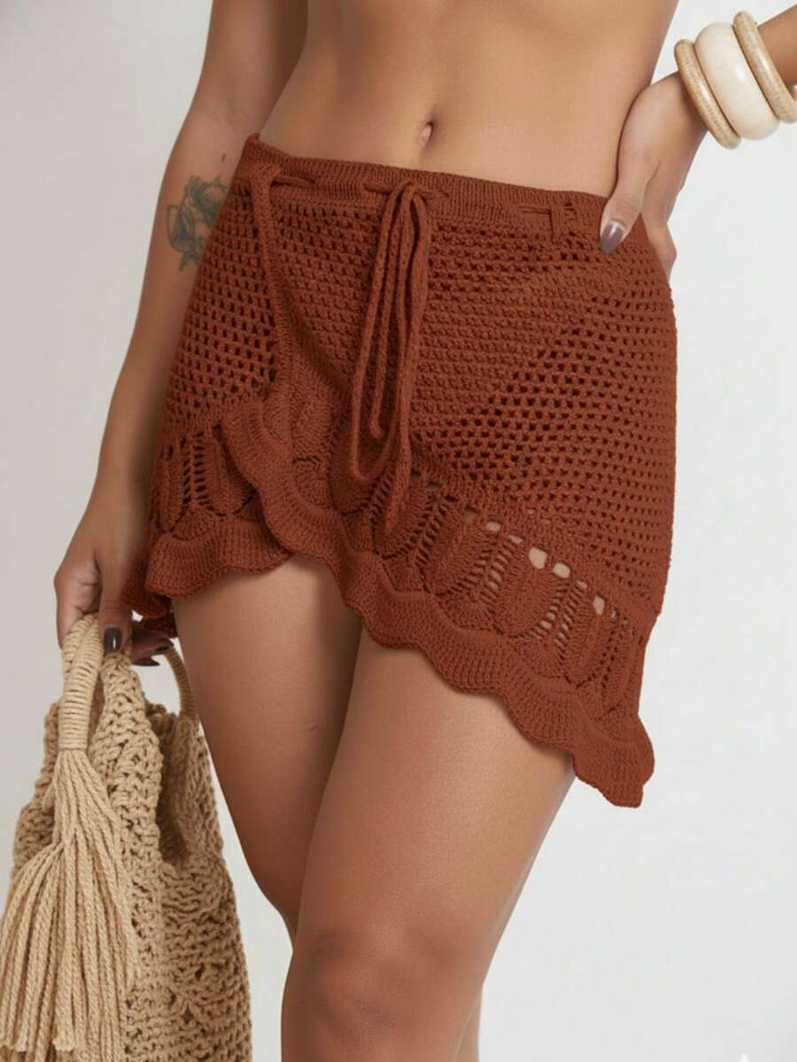 Knitted Crochet Skirt, Beach/Pool Cover-Up, Summer 2026, Luxury - Màu Cam cháy - Xem 1