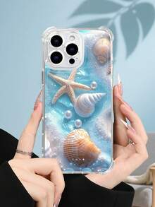 1PC Funda transparente con diseño de estrellas de mar, conchas y perlas sobre fondo acuático brillante, estilo minimalista fresco y marino, protección contra caídas, ideal para mujeres y amantes del océano y las vacaciones en la playa, regalo perfecto para fiestas, amigos, pareja o familia : funda transparente resistente a golpes, compatible con Apple Phone17/16/15/14/13/12/11/XS/XR/X/PLUS/PRO/PROMAX, agarre cómodo, regalo ideal para ocasiones especiales - transparente - Ver 2