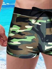 Men's Drawstring Waist Camouflage Outdoor Sports Latest Casual Vacation Beach Swim Shorts - Army Green - View 2