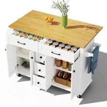 Multifunctional Kitchen Trolley With Fold-Out Worktop, Extendable To 120*65 Cm, With 5 Drawers, Cabinets, Spice And Towel Racks, On Casters – Kitchen Island For Kitchen, Dining Room And Living Room - White - View 5