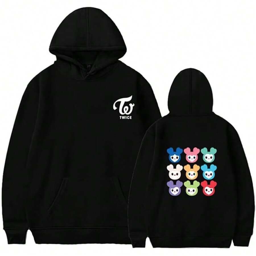Twice Hoodies Sweatshirts Tzuyu Momo Sana Nayeon Long Sleeves Hooded Pullover Tops Sweater Coat - 黑色 - 查看 1