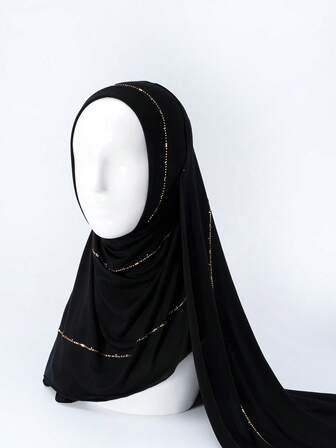 1 pieza Pañuelo de cabeza de mujer casual de unicolor, de jersey suave con decoración de rhinestones, pañuelo de cabeza de color liso conservador, adecuado para uso diario