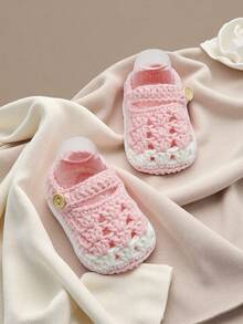 1 Pair Handmade Crochet Infant Booties, Soft Green And White , Button Closure Infant Shoes - Baby Pink - View 5